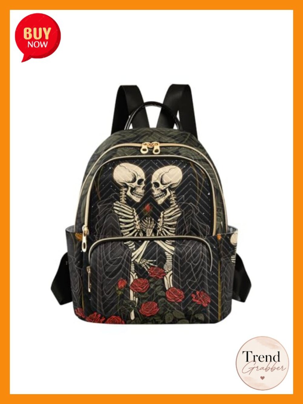 Skull in Love Women's Quilted Nylon Backpack Purse with Rose Print, Anti-Theft